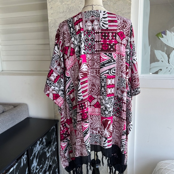 0070/ Red Black Colorful Poncho With Fringe , Loose Top - Picture 5 of 11